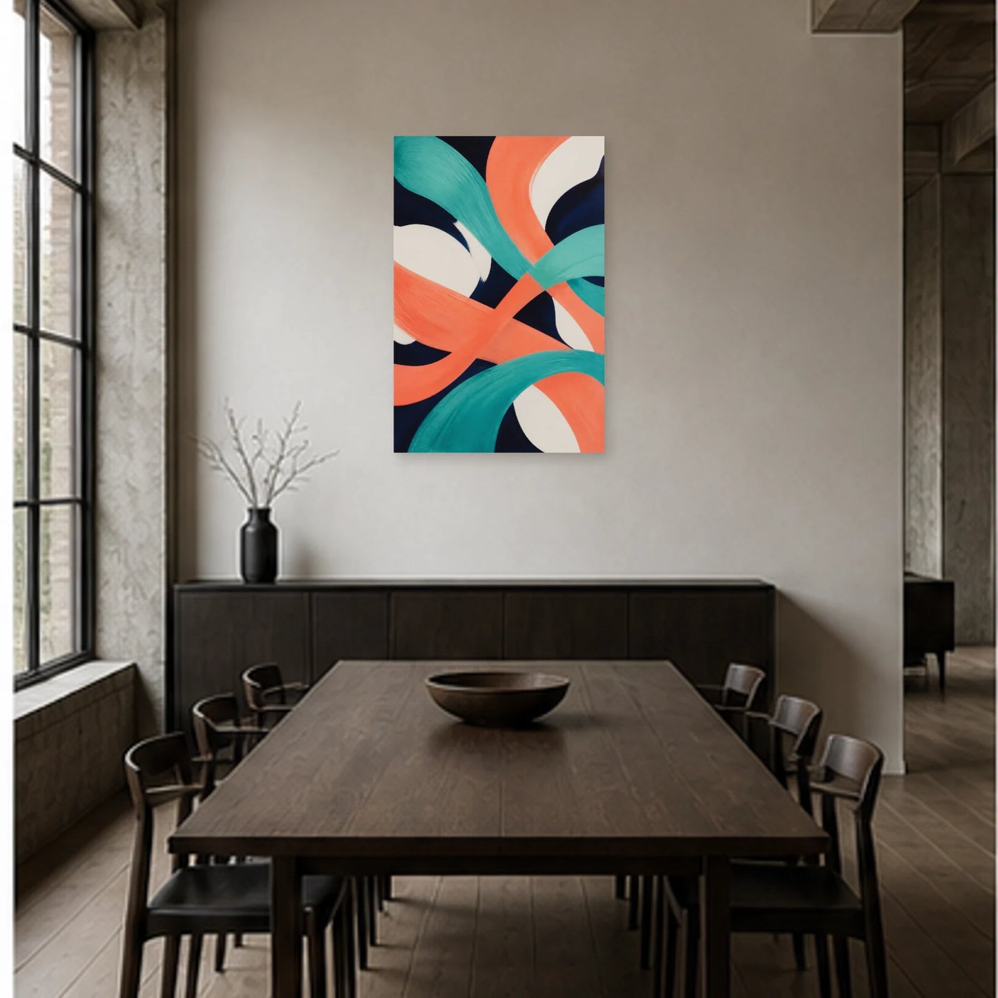 Affiche abstraite - Corail et turquoise dans une salle à manger - Art Virtuoso