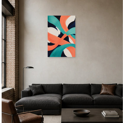 Affiche abstraite - Corail et turquoise dans un salon - Art Virtuoso