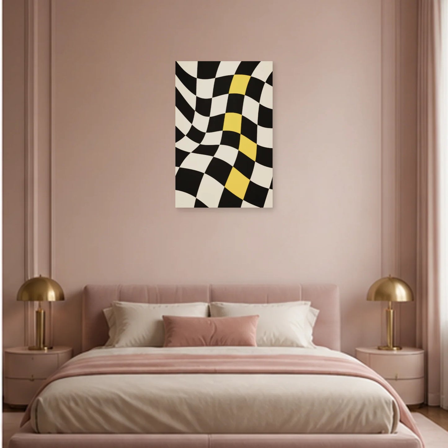 Affiche abstraite - Damier vibrant dans une chambre - Art Virtuoso