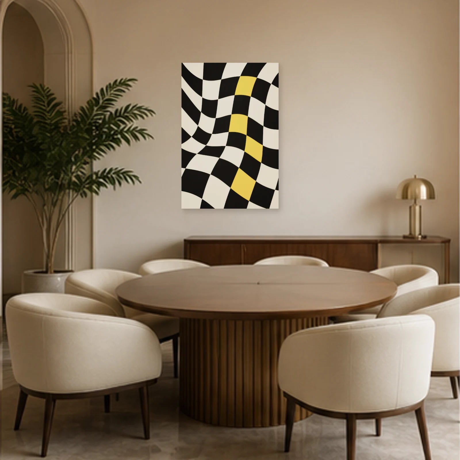 Affiche abstraite - Damier vibrant dans une salle à manger - Art Virtuoso
