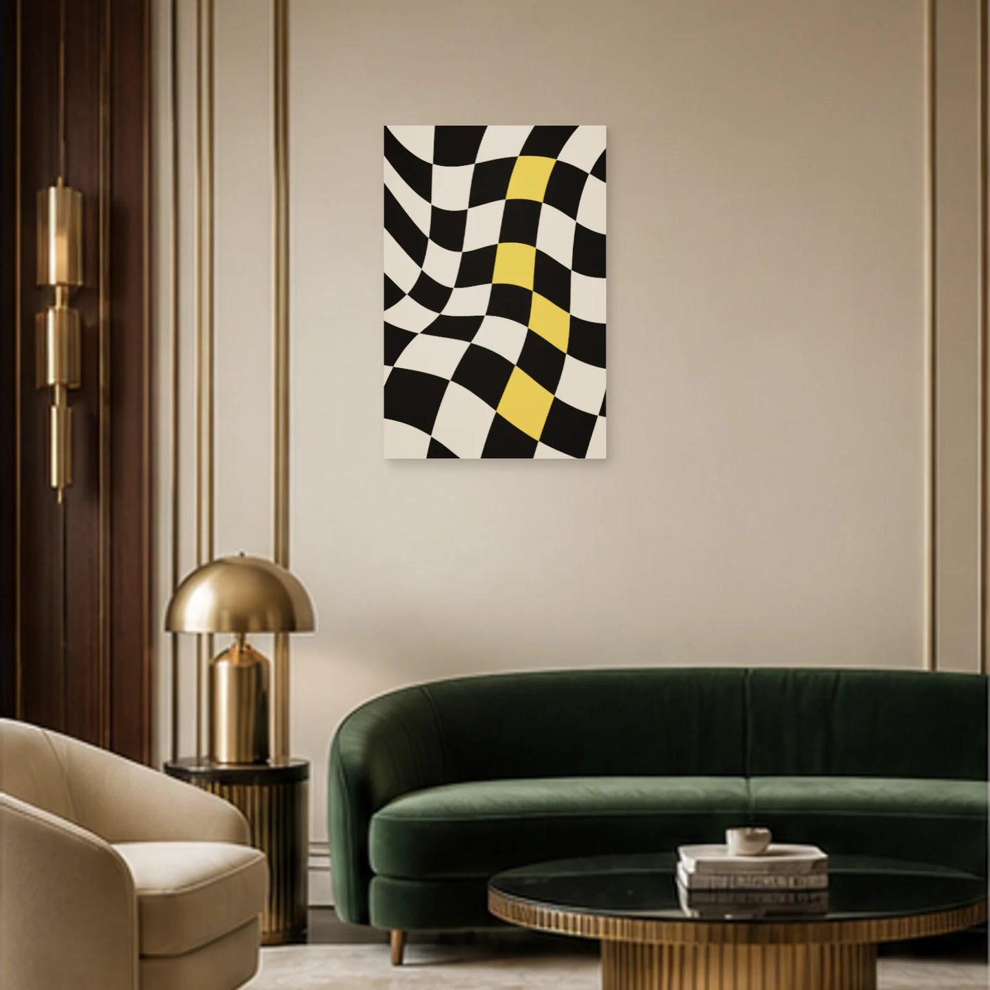 Affiche abstraite - Damier vibrant dans un salon - Art Virtuoso