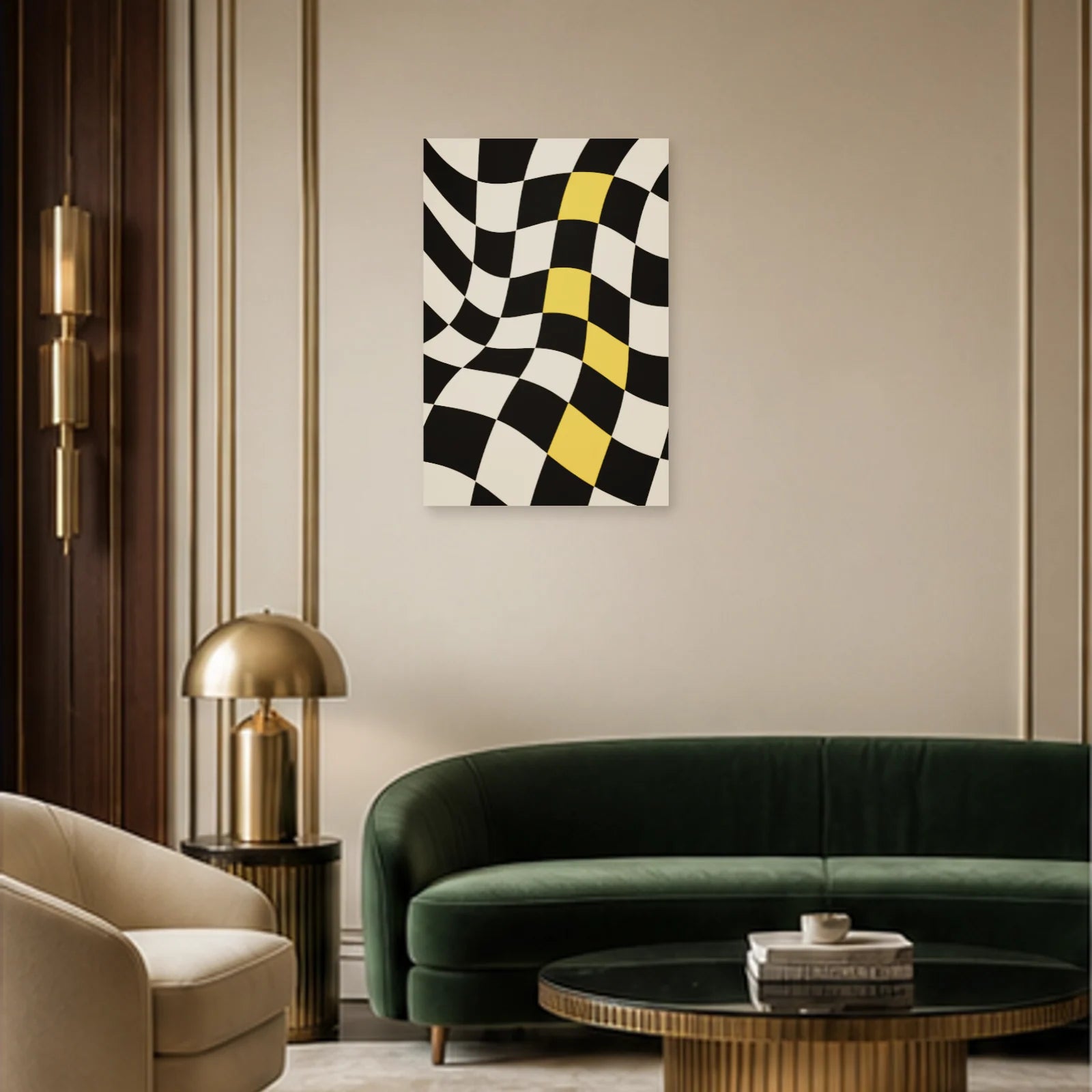 Affiche abstraite - Damier vibrant dans un salon - Art Virtuoso