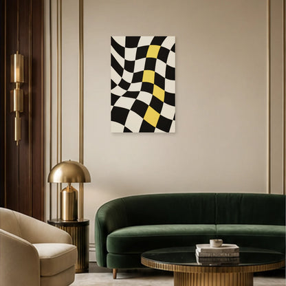 Affiche abstraite - Damier vibrant dans un salon - Art Virtuoso