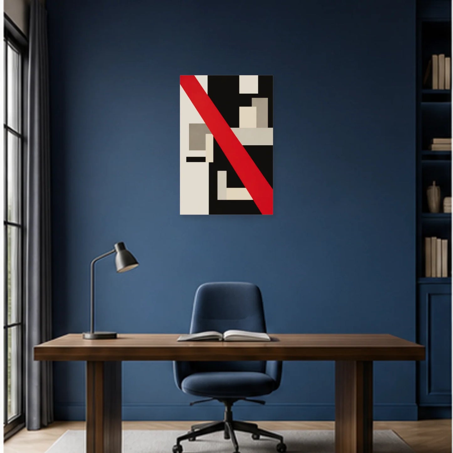 Affiche abstraite - Diagonale rouge dans un bureau - Art Virtuoso