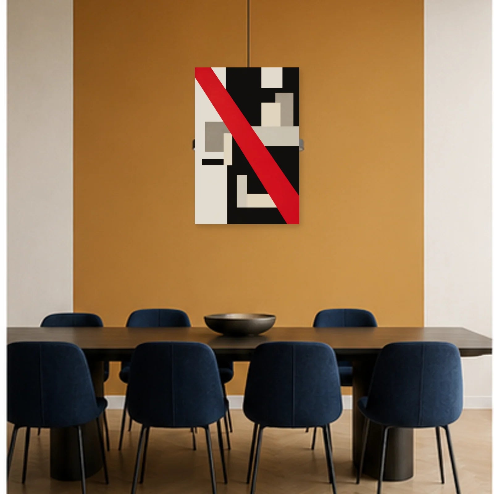 Affiche abstraite - Diagonale rouge dans une salle à manger - Art Virtuoso