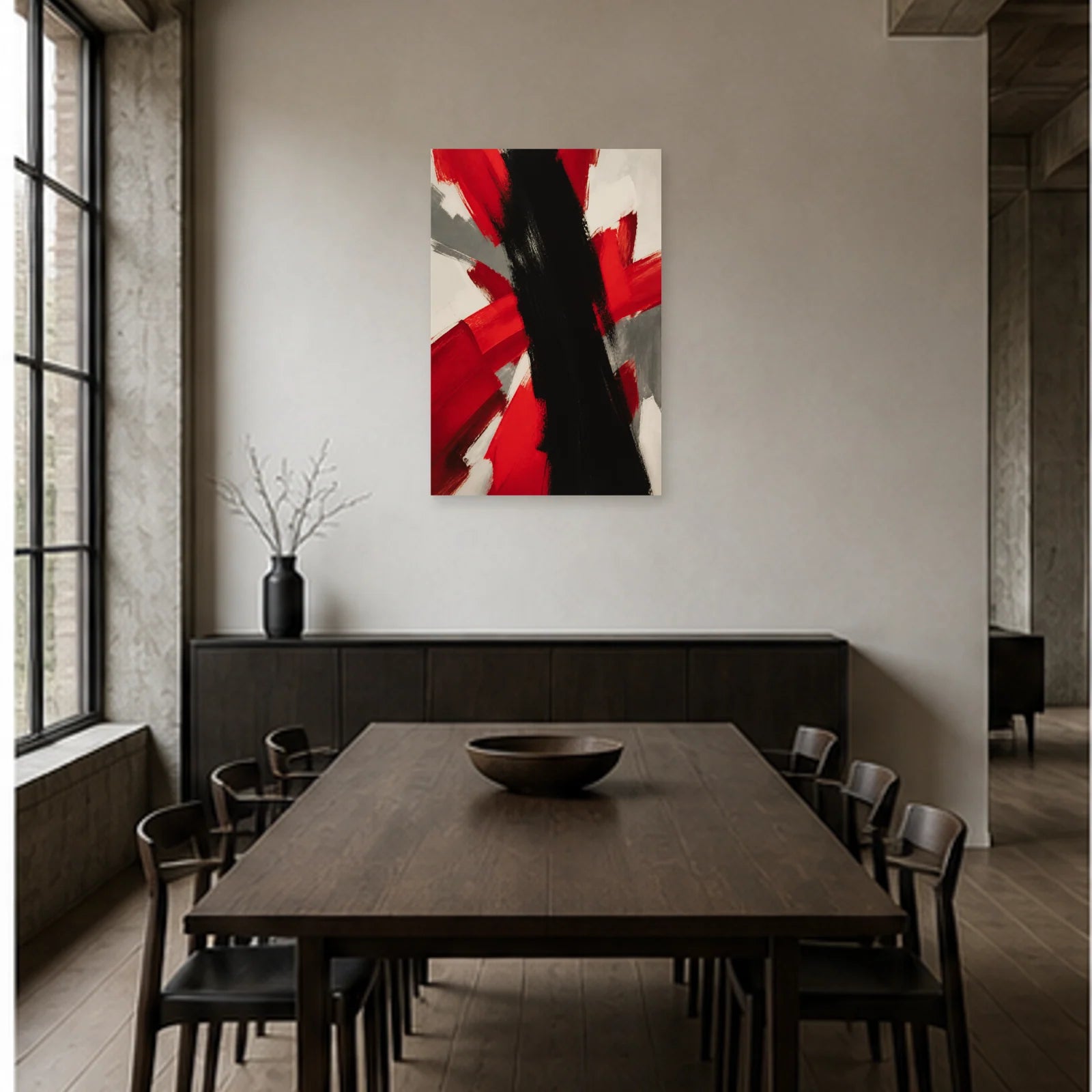 Affiche abstraite - Énergie rouge noire dans une salle à manger - Art Virtuoso