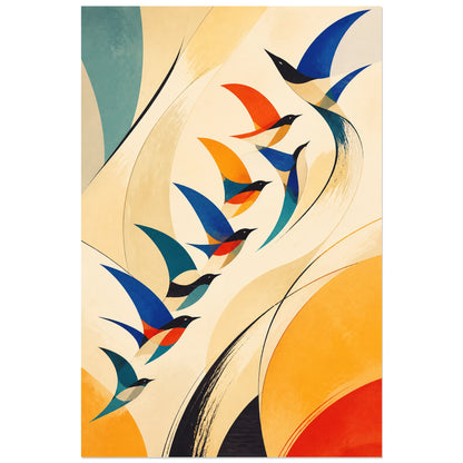 Affiche Envol d’oiseaux abstraits, abstraction lyrique en gouache, collage et gestes d’encre verticale, format 40 × 60 cm