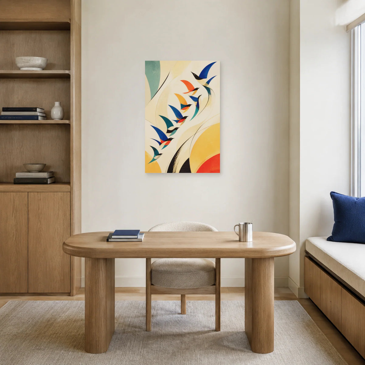 Affiche Envol d’oiseaux abstraits dans un bureau - Art Virtuoso