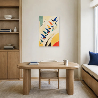 Affiche Envol d’oiseaux abstraits dans un bureau - Art Virtuoso