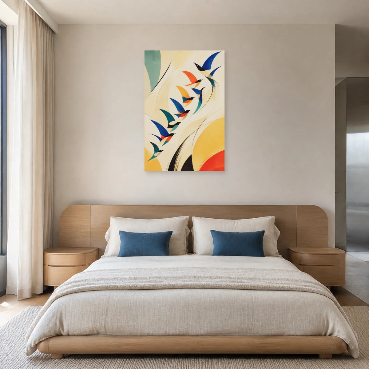 Affiche Envol d’oiseaux abstraits dans une chambre - Art Virtuoso