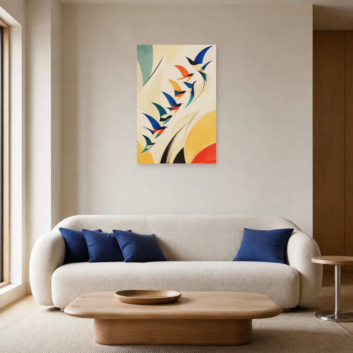 Affiche Envol d’oiseaux abstraits dans un salon - Art Virtuoso