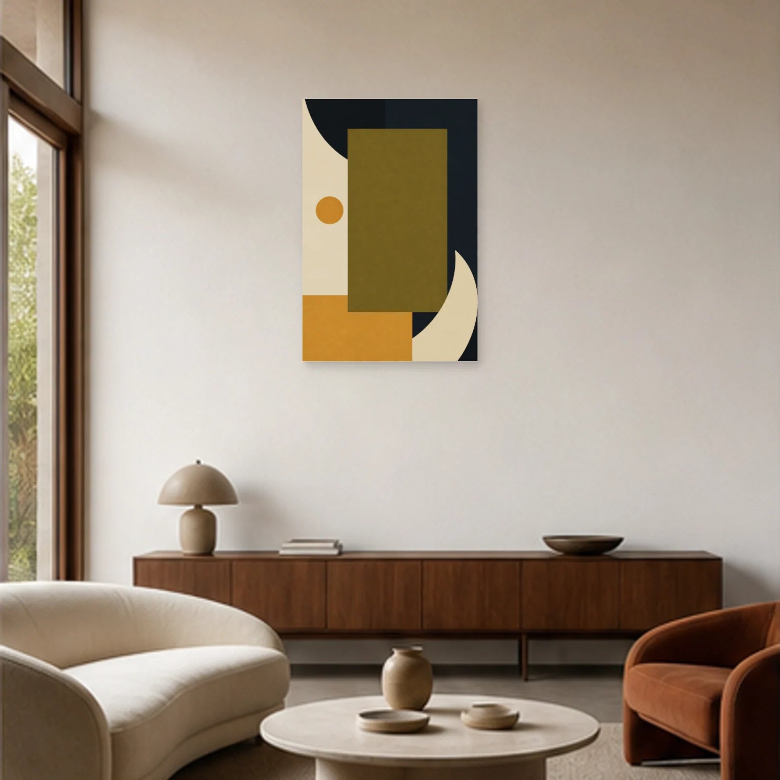 Affiche abstraite - Équilibre olive dans un salon - Art Virtuoso