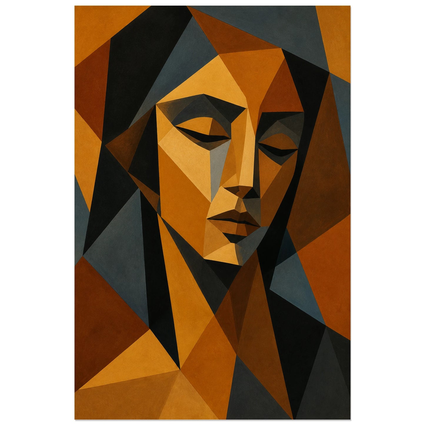 Affiche abstraite - Facettes ocre, portrait cubiste contemporain en facettes verticale, format 30 × 45 cm