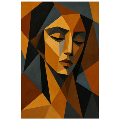 Affiche abstraite - Facettes ocre, portrait cubiste contemporain en facettes verticale, format 30 × 45 cm