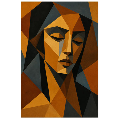 Affiche abstraite - Facettes ocre, portrait cubiste contemporain en facettes verticale, format 60 × 90 cm
