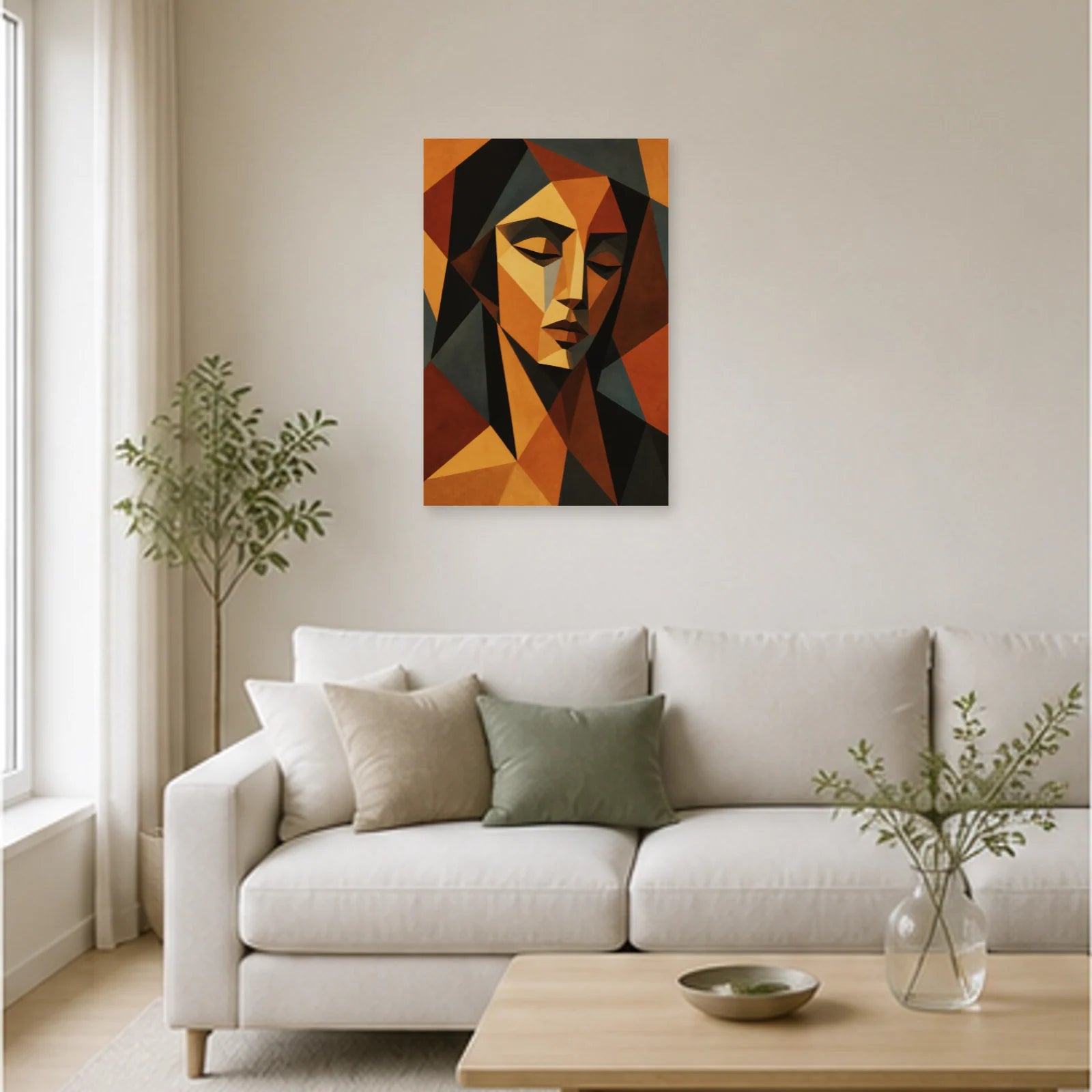 Affiche abstraite - Facettes ocre dans un salon - Art Virtuoso