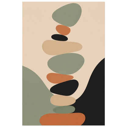 Affiche abstraite - Galets en équilibre, abstraction biomorphique en aplats mats verticale, format 30 × 45 cm