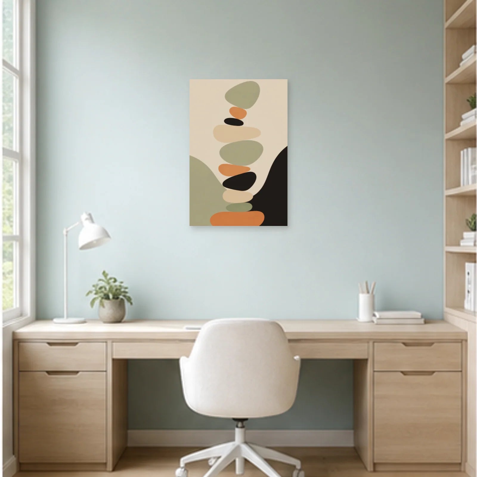 Affiche abstraite - Galets en équilibre dans un bureau - Art Virtuoso