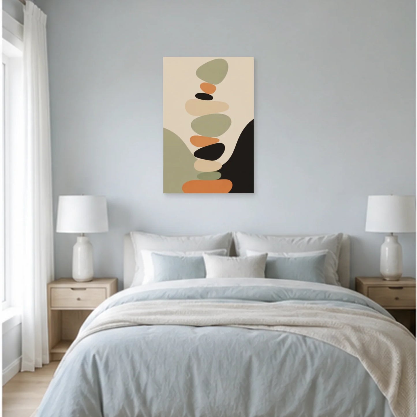 Affiche abstraite - Galets en équilibre dans une chambre - Art Virtuoso