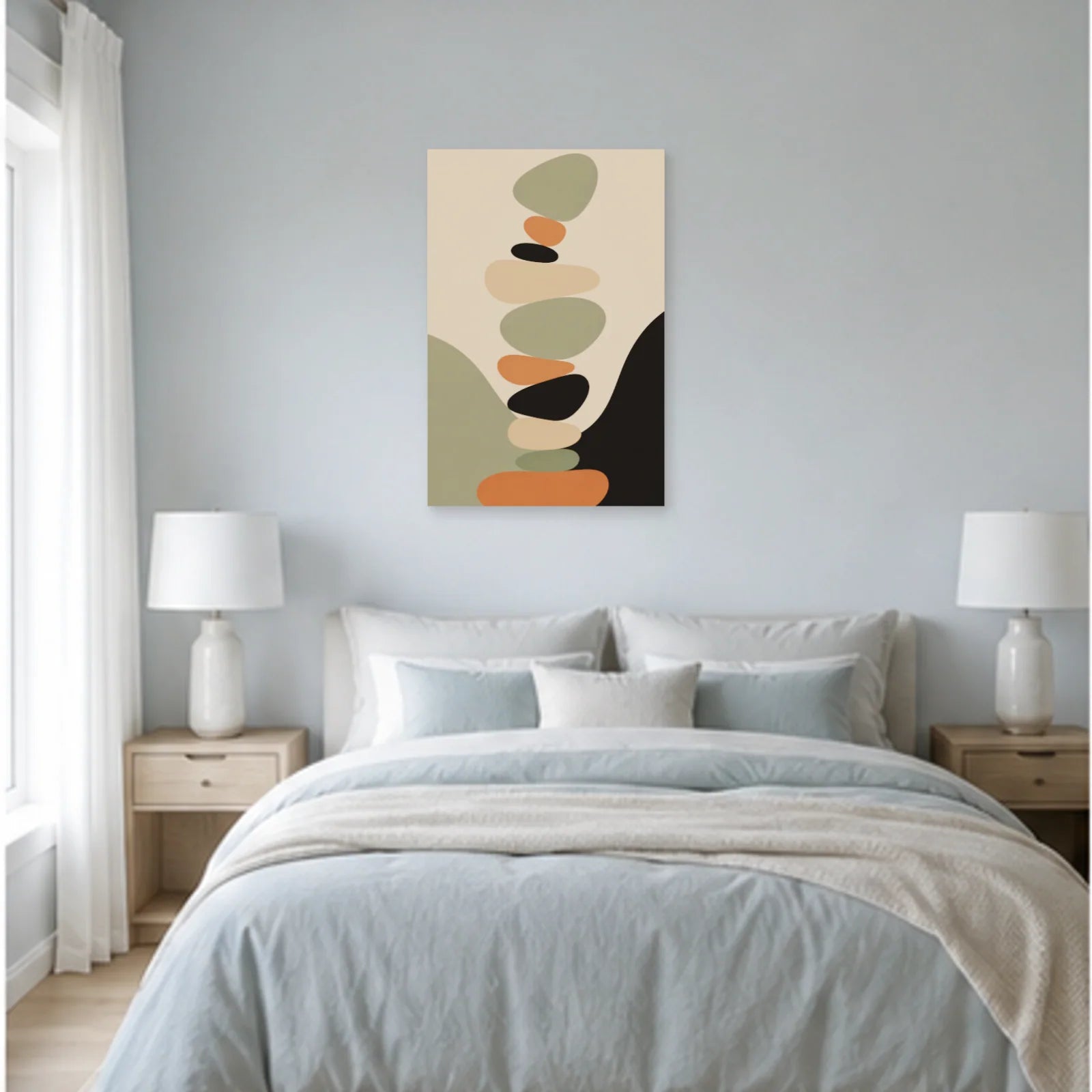 Affiche abstraite - Galets en équilibre dans une chambre - Art Virtuoso