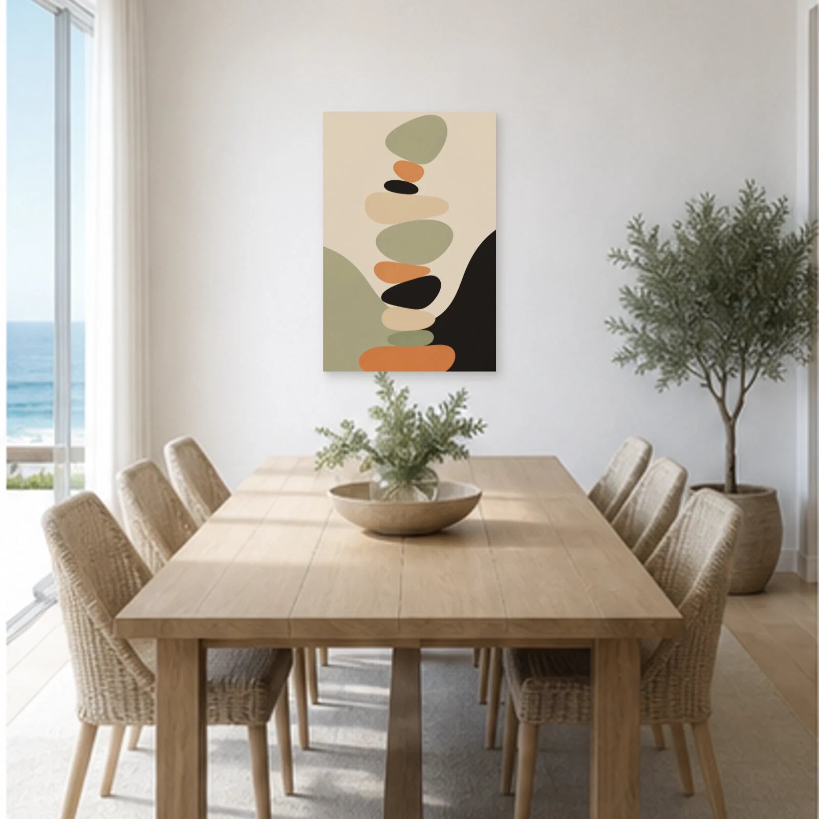 Affiche abstraite - Galets en équilibre dans une salle à manger - Art Virtuoso