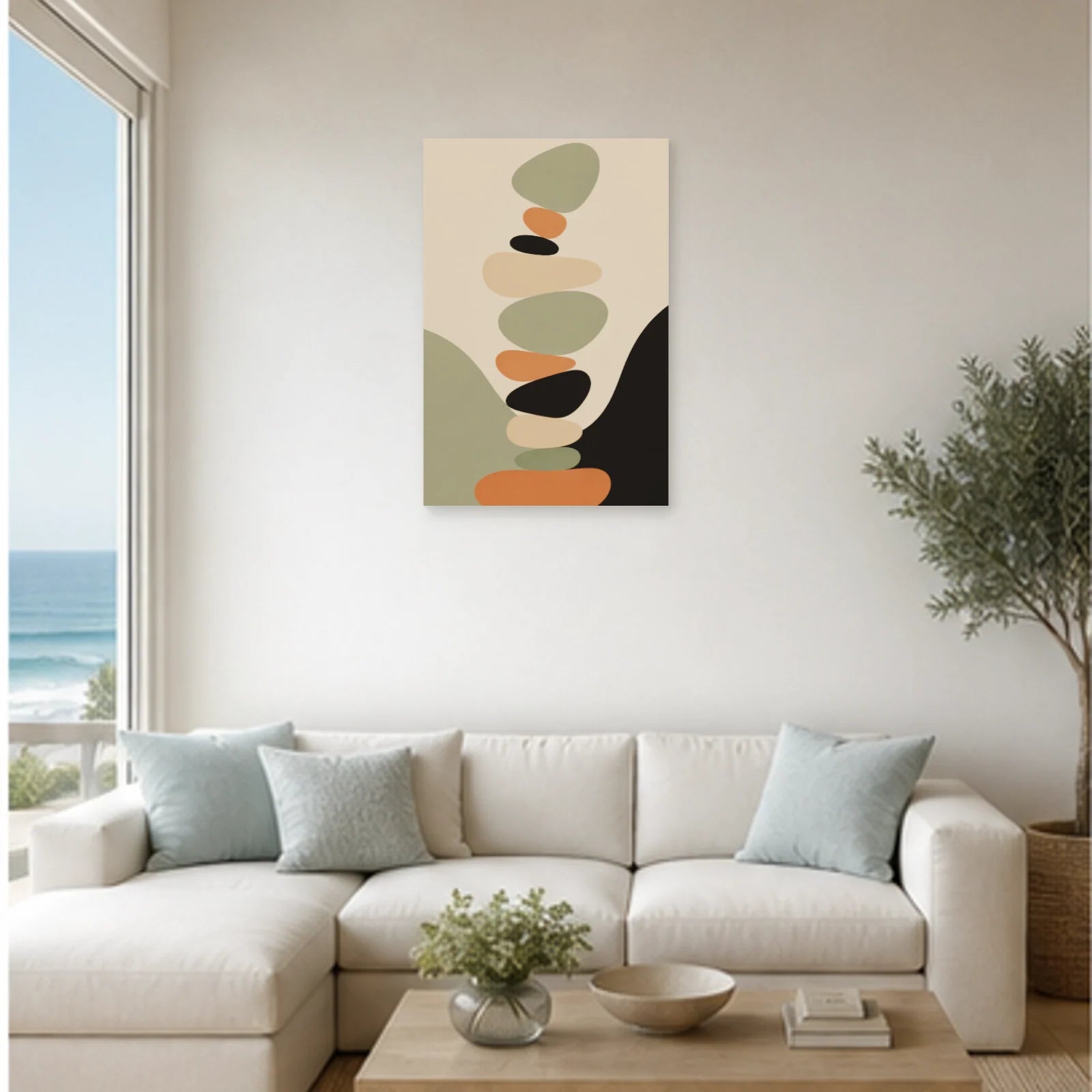 Affiche abstraite - Galets en équilibre dans un salon - Art Virtuoso