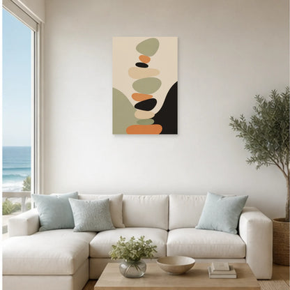Affiche abstraite - Galets en équilibre dans un salon - Art Virtuoso