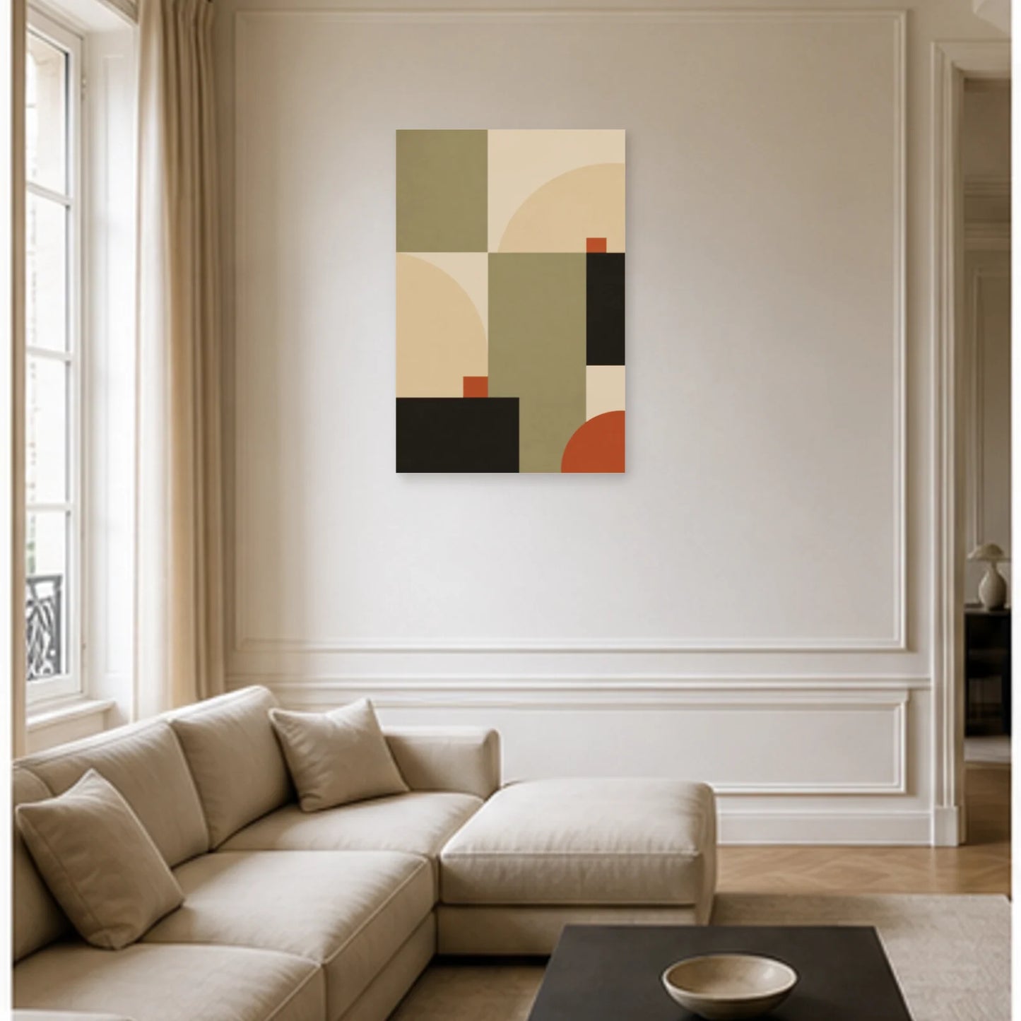 Affiche abstraite - Géométrie scandinave dans un salon - Art Virtuoso