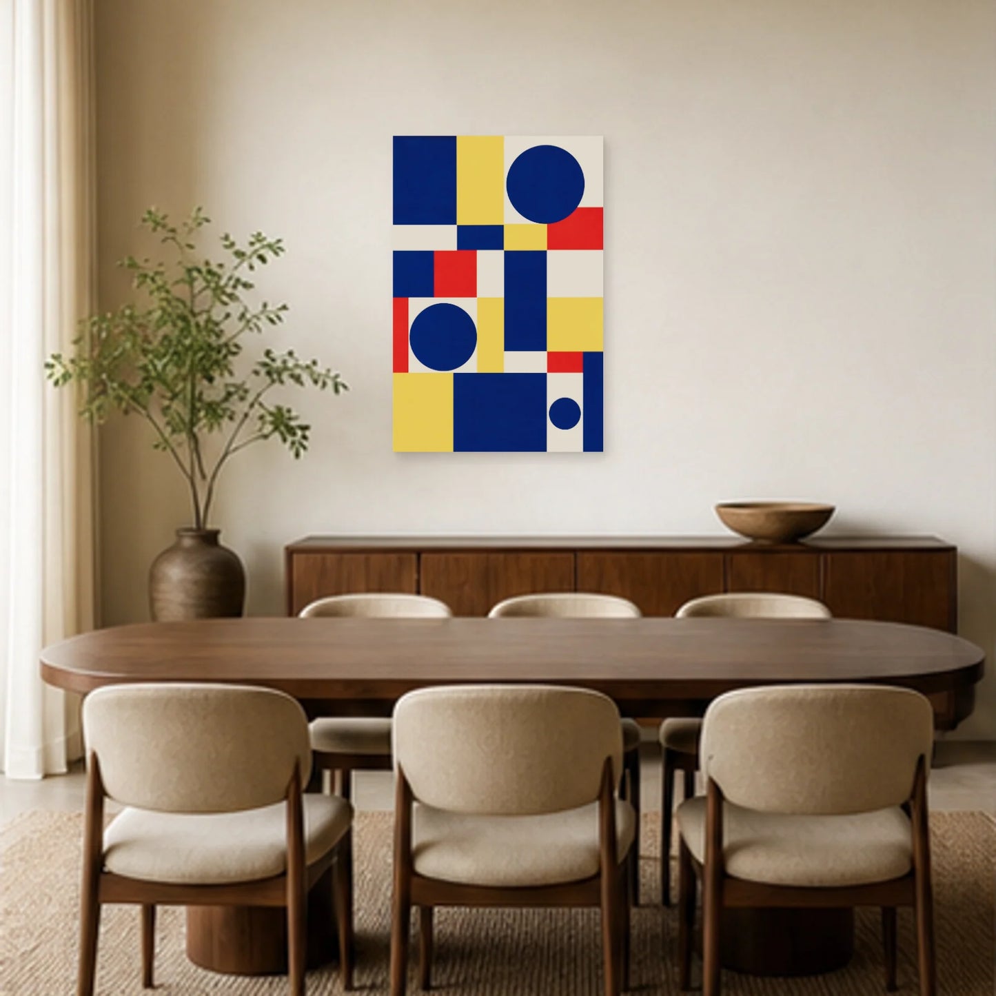 Affiche abstraite - Grille cobalt dans une salle à manger - Art Virtuoso