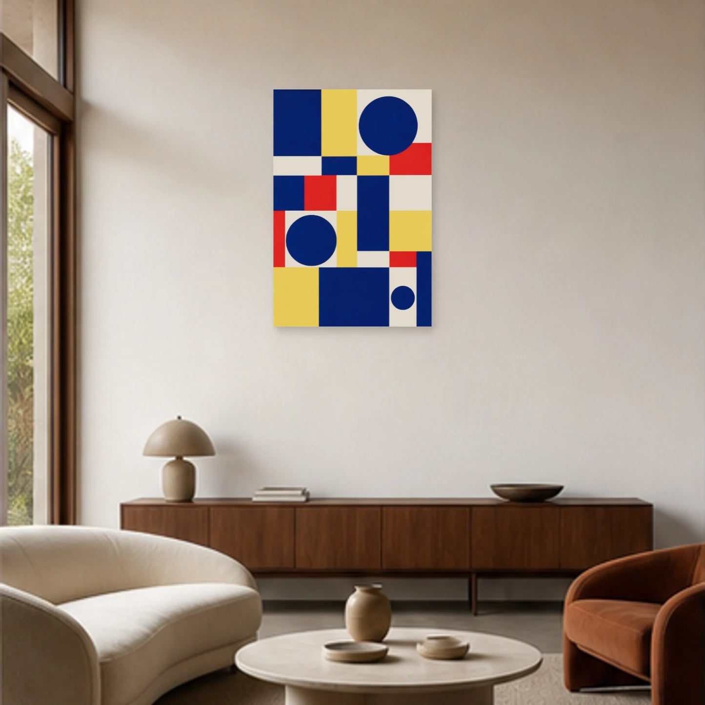 Affiche abstraite - Grille cobalt dans un salon - Art Virtuoso