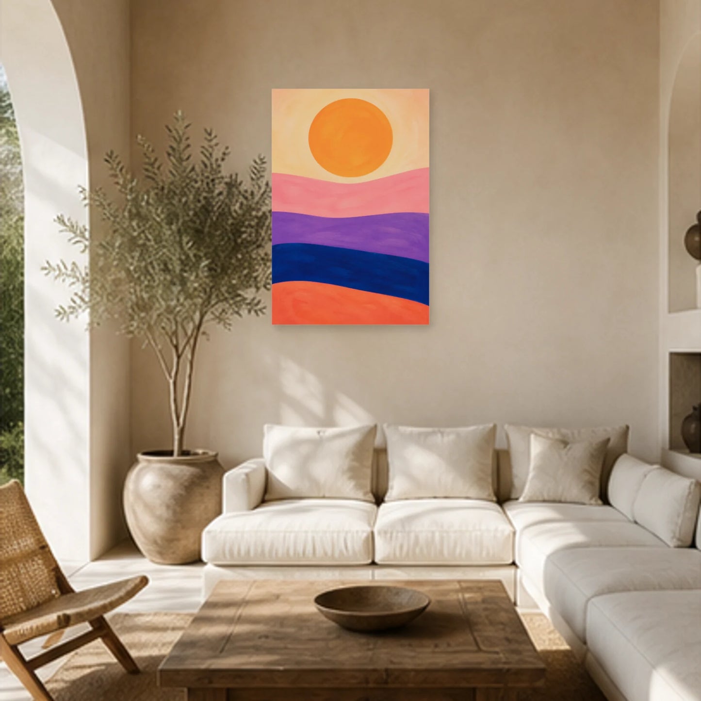 Affiche abstraite - Horizon solaire dans un salon - Art Virtuoso