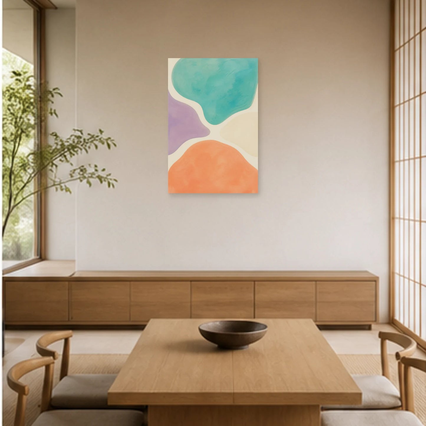Affiche abstraite - Îles souples dans une salle à manger - Art Virtuoso