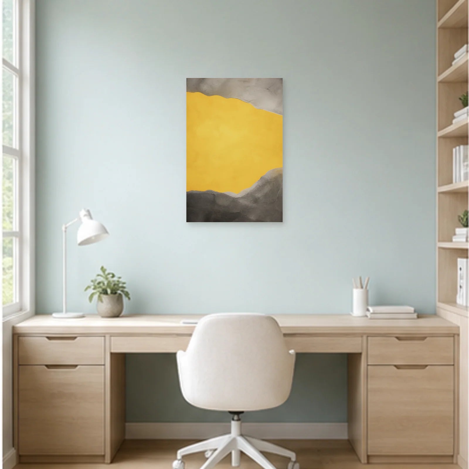 Affiche abstraite - Jaune et gris dans un bureau - Art Virtuoso