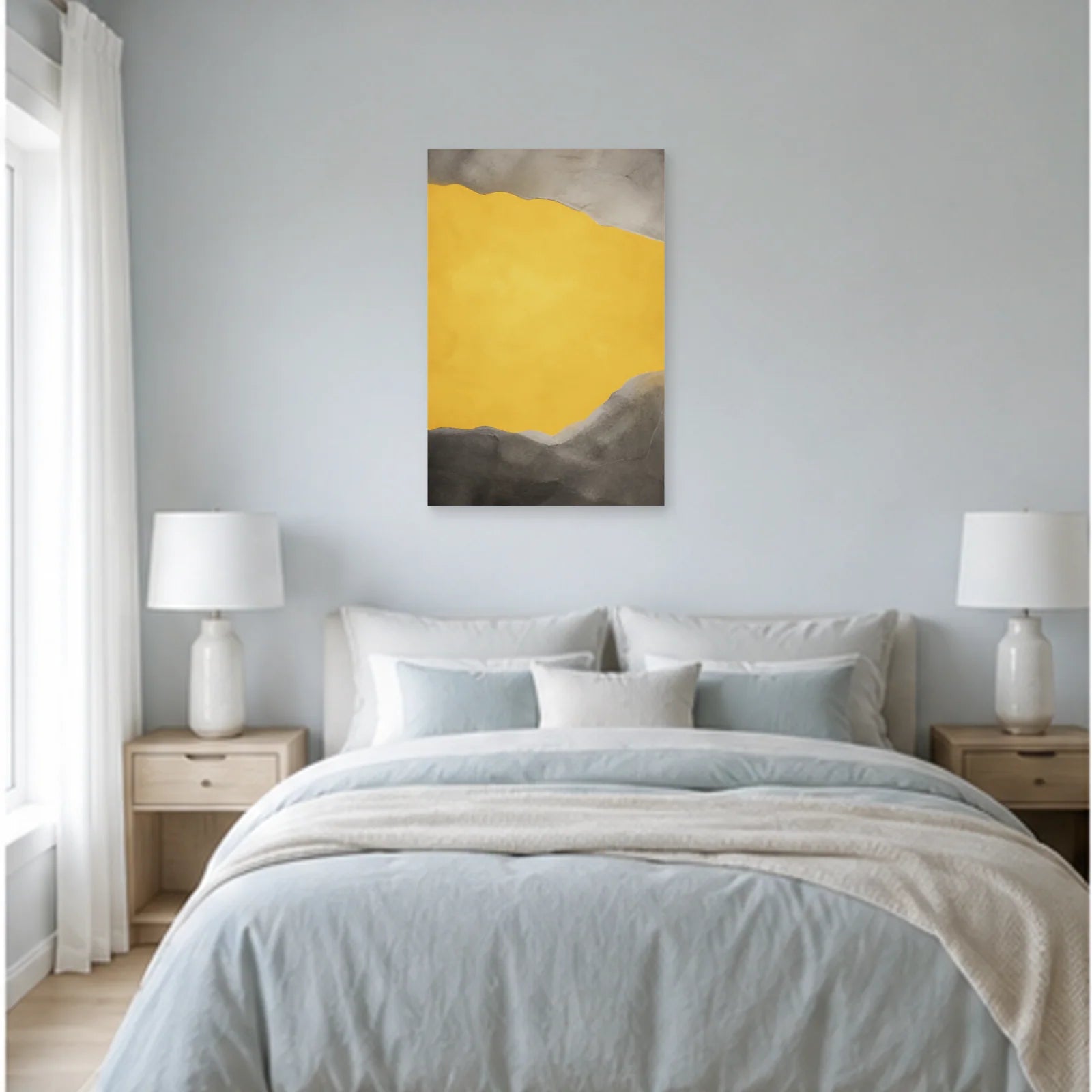 Affiche abstraite - Jaune et gris dans une chambre - Art Virtuoso