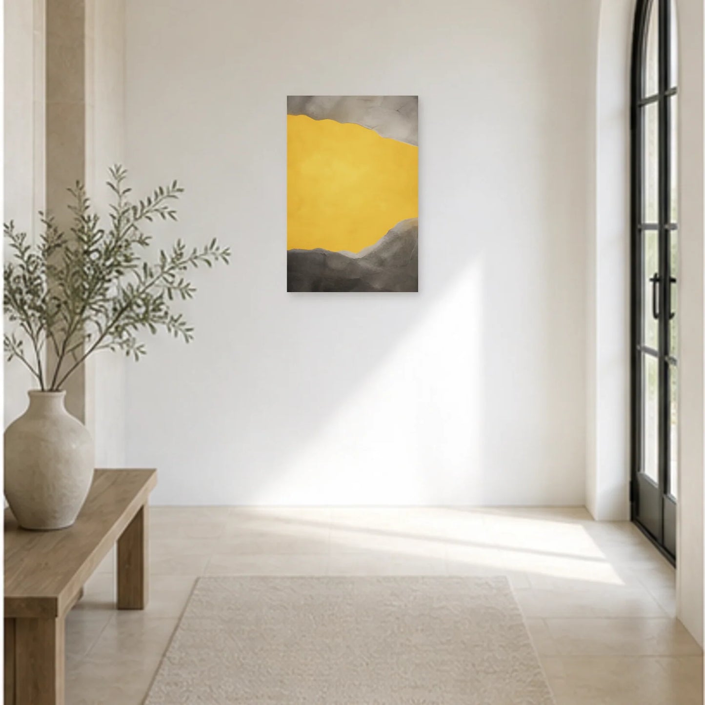 Affiche abstraite - Jaune et gris dans une entrée ou un couloir - Art Virtuoso