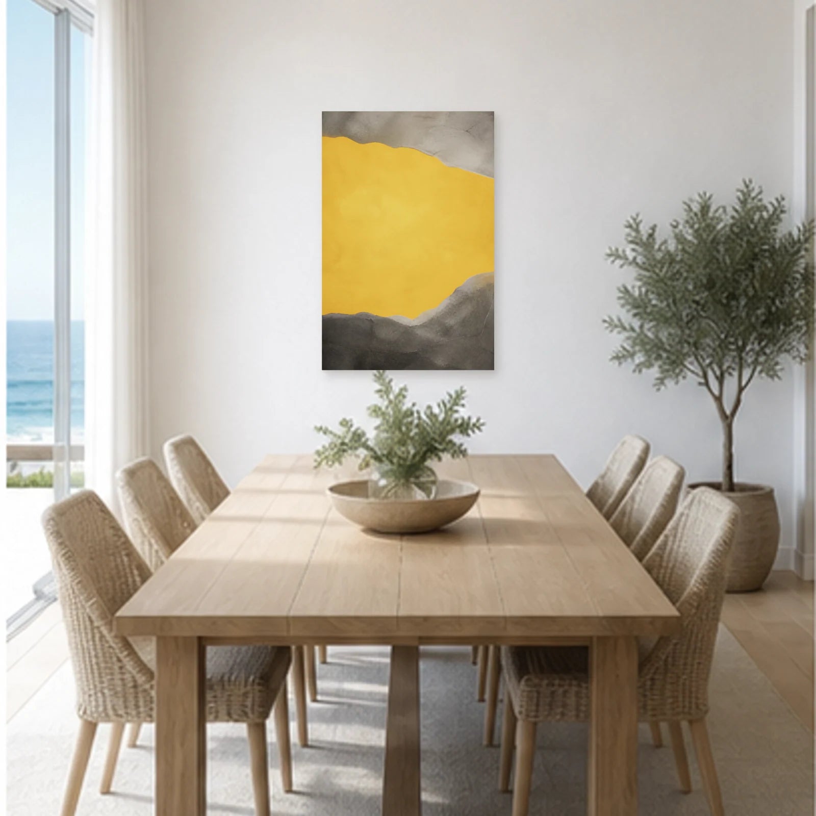 Affiche abstraite - Jaune et gris dans une salle à manger - Art Virtuoso