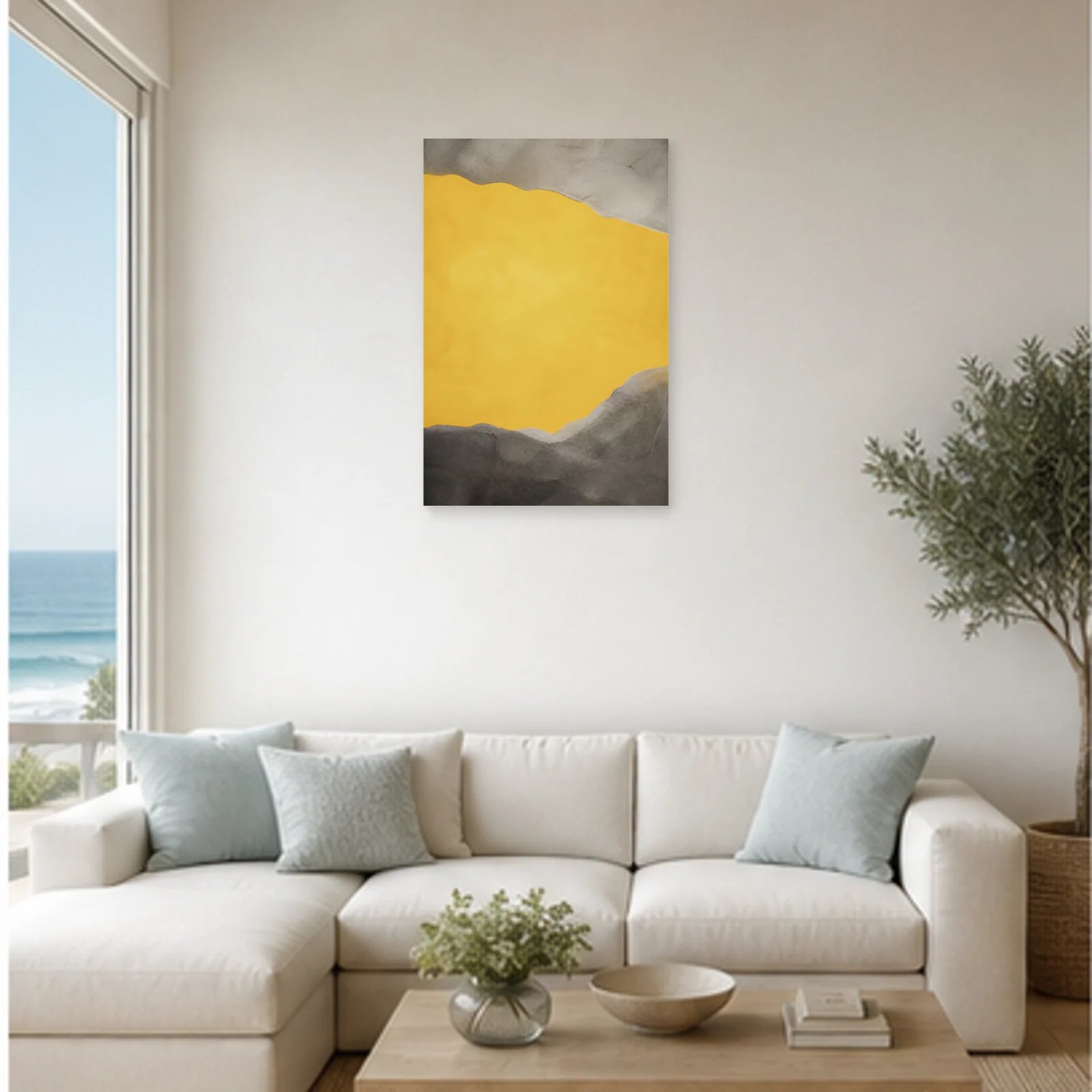Affiche abstraite - Jaune et gris dans un salon - Art Virtuoso