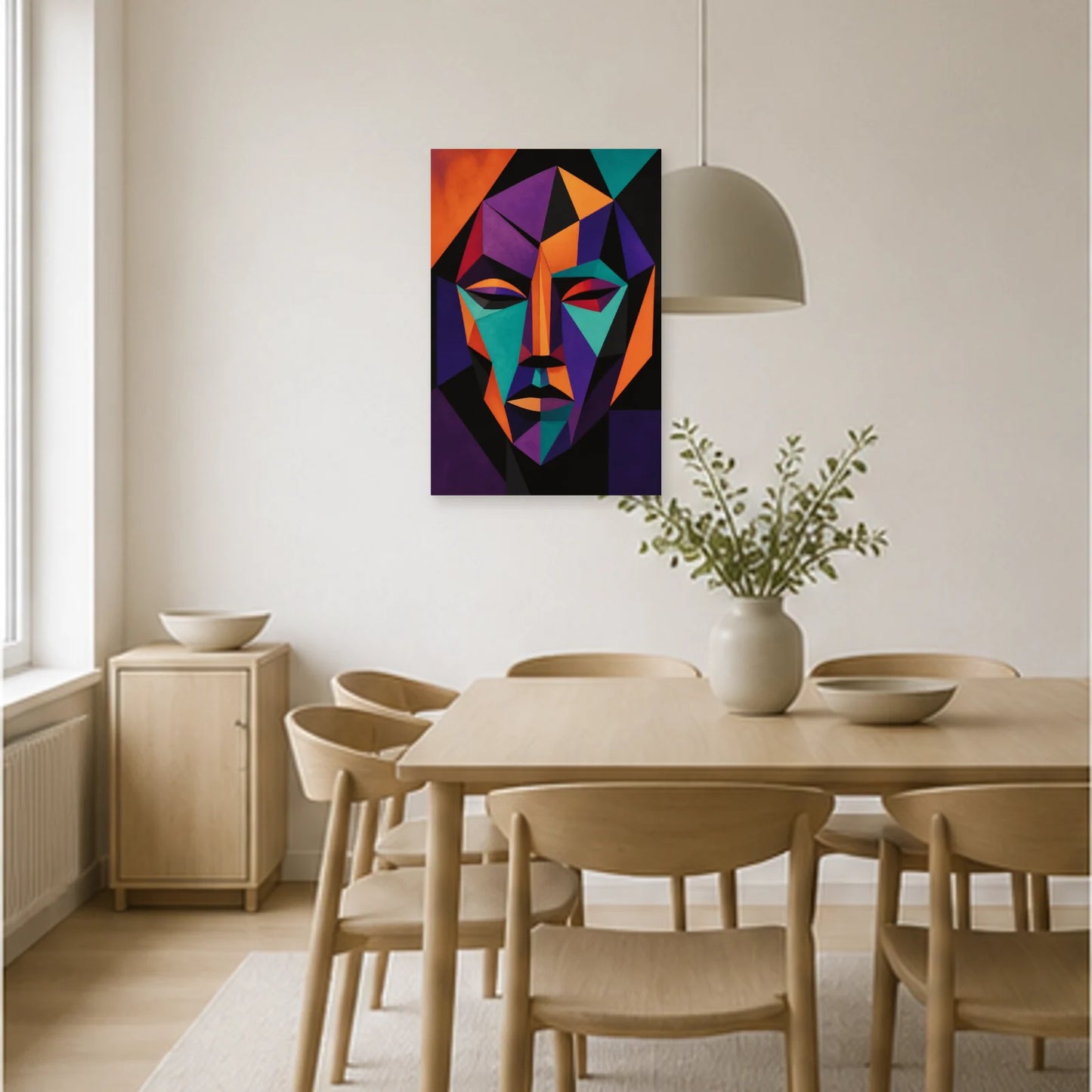 Affiche abstraite - Masque géométrique dans une salle à manger - Art Virtuoso