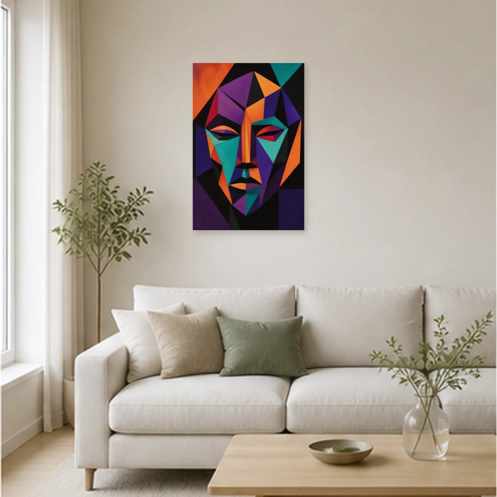 Affiche abstraite - Masque géométrique dans un salon - Art Virtuoso
