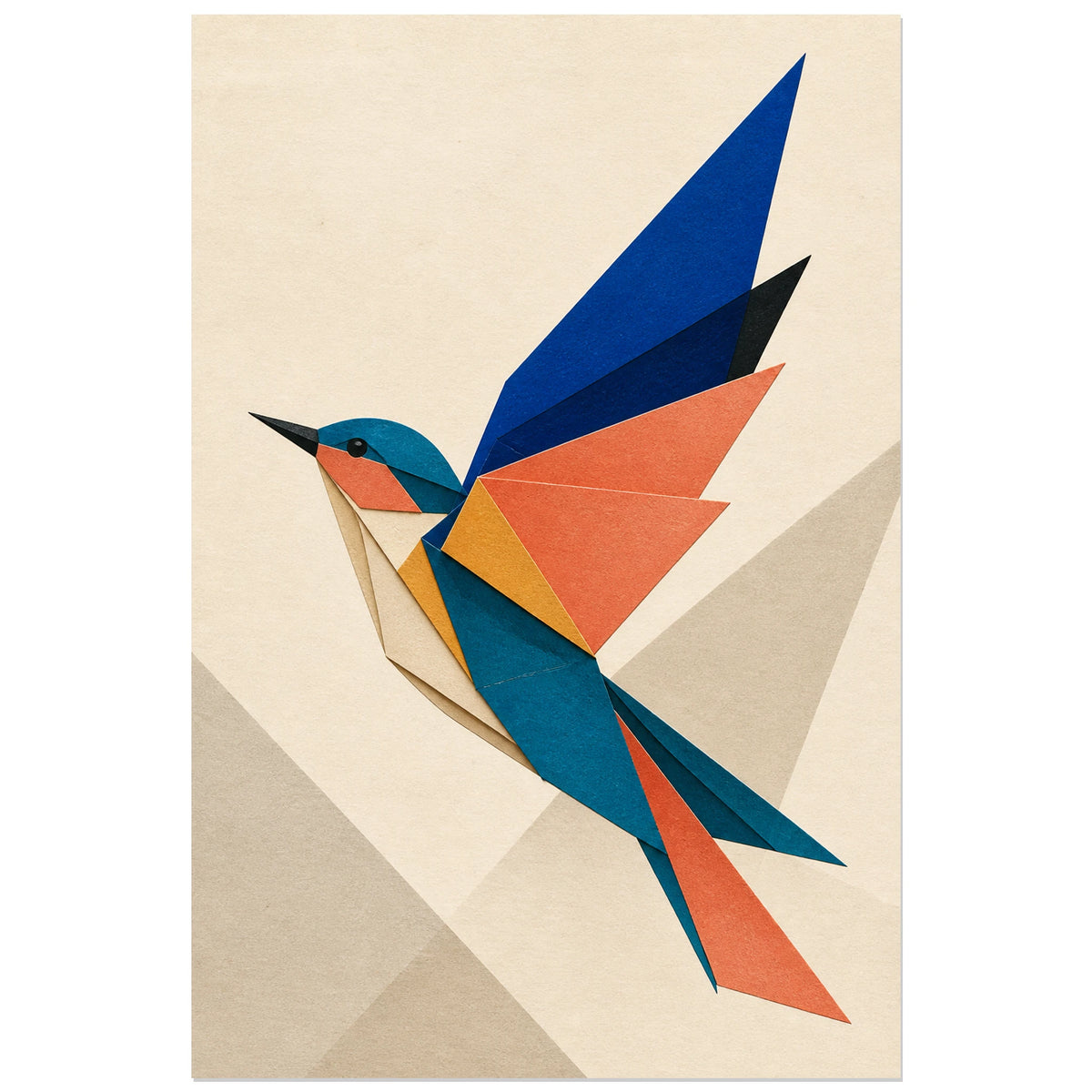 Affiche Oiseau origami abstrait, collage géométrique en papiers découpés aux accents bauhaus verticale, format 30 × 45 cm