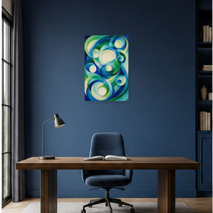 Affiche abstraite - Orbites bleu vert dans un bureau - Art Virtuoso