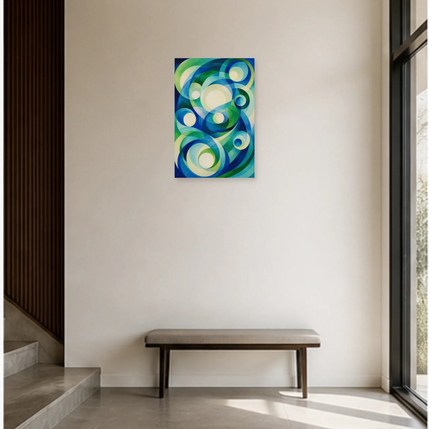Affiche abstraite - Orbites bleu vert dans une entrée ou un couloir - Art Virtuoso