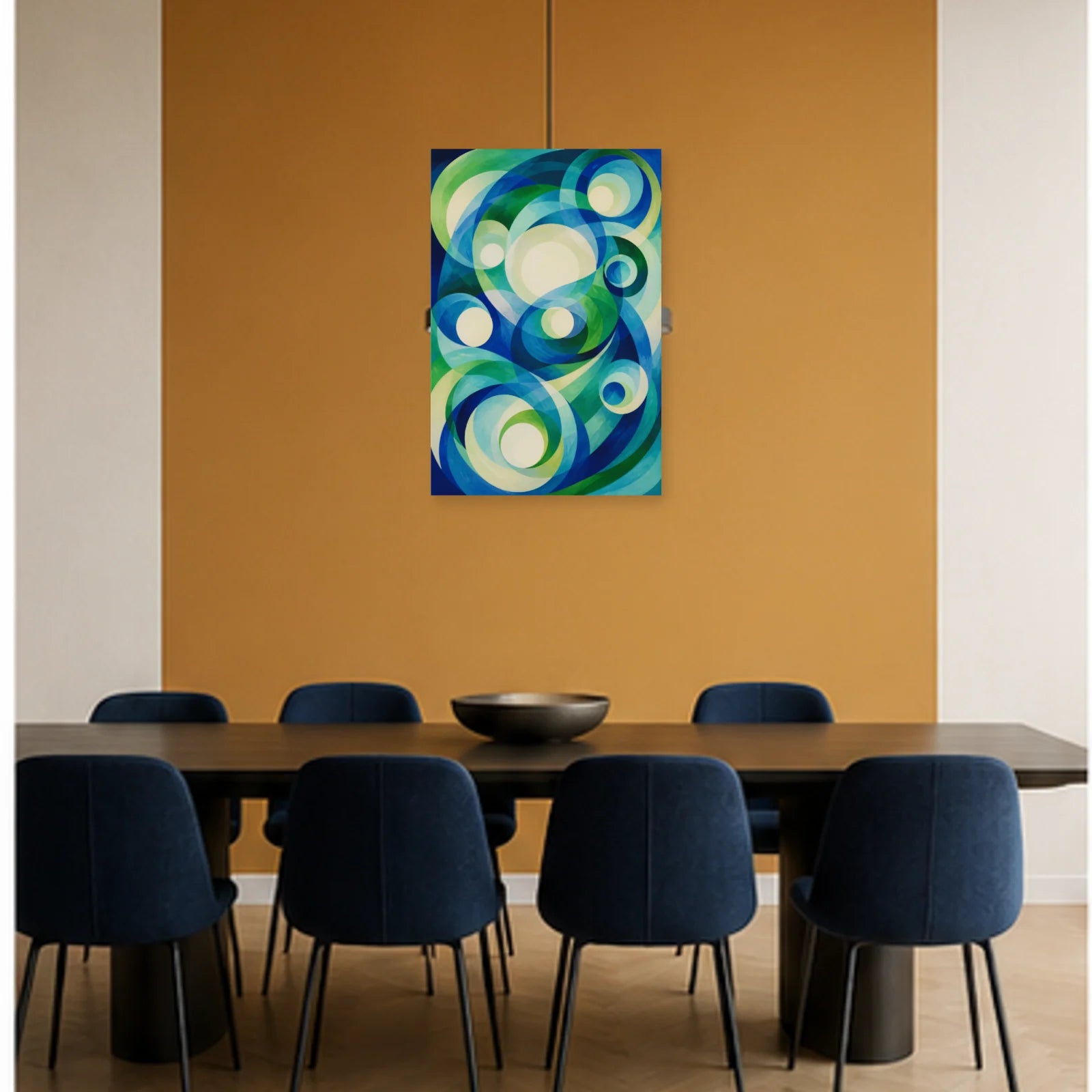 Affiche abstraite - Orbites bleu vert dans une salle à manger - Art Virtuoso