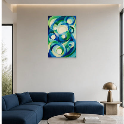 Affiche abstraite - Orbites bleu vert dans un salon - Art Virtuoso