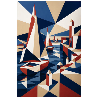 Affiche abstraite - Port aux facettes, paysage portuaire cubiste verticale, format 30 × 45 cm