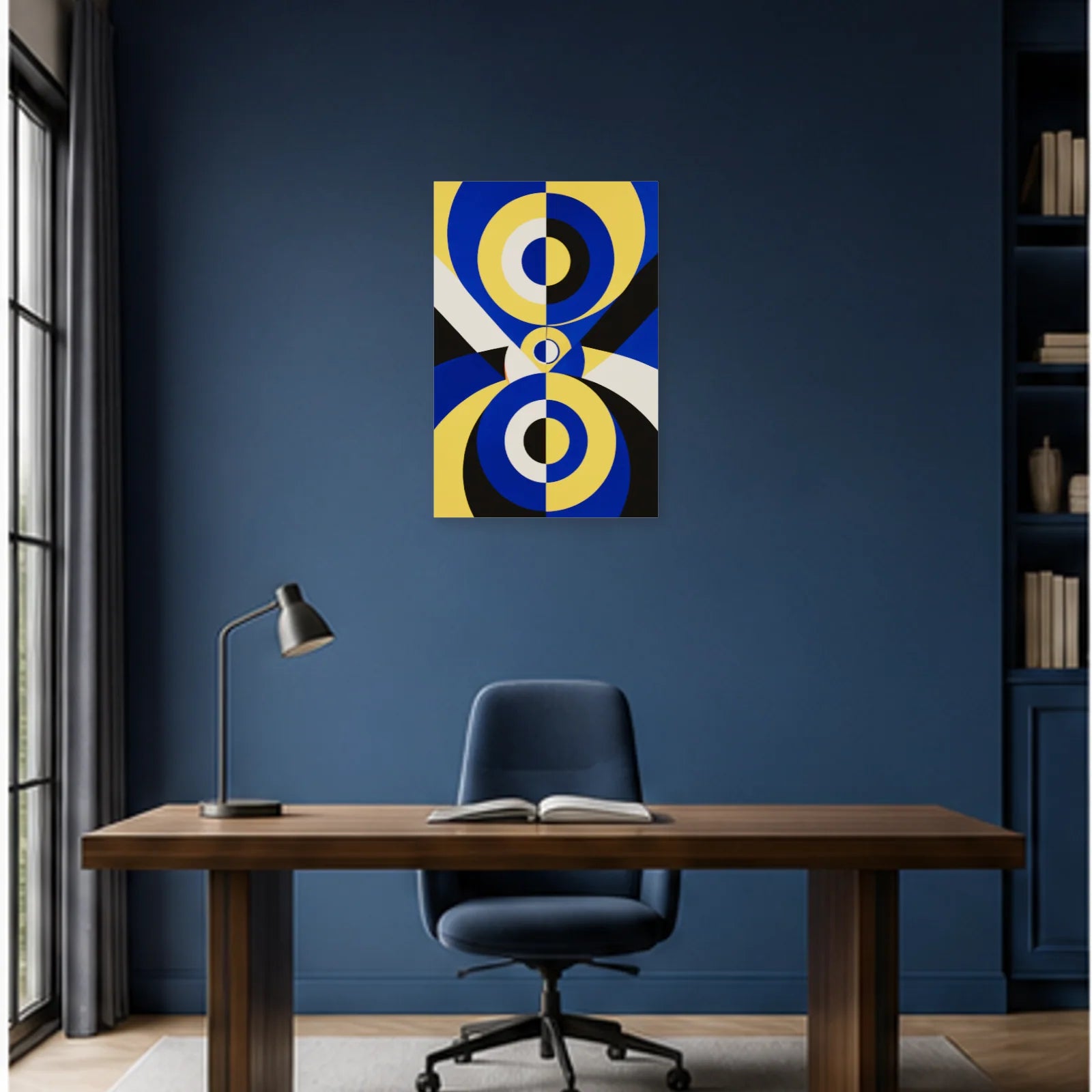 Affiche abstraite - Prisme bleu jaune dans un bureau - Art Virtuoso
