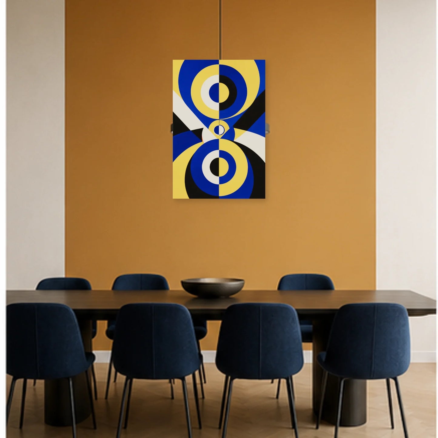 Affiche abstraite - Prisme bleu jaune dans une salle à manger - Art Virtuoso