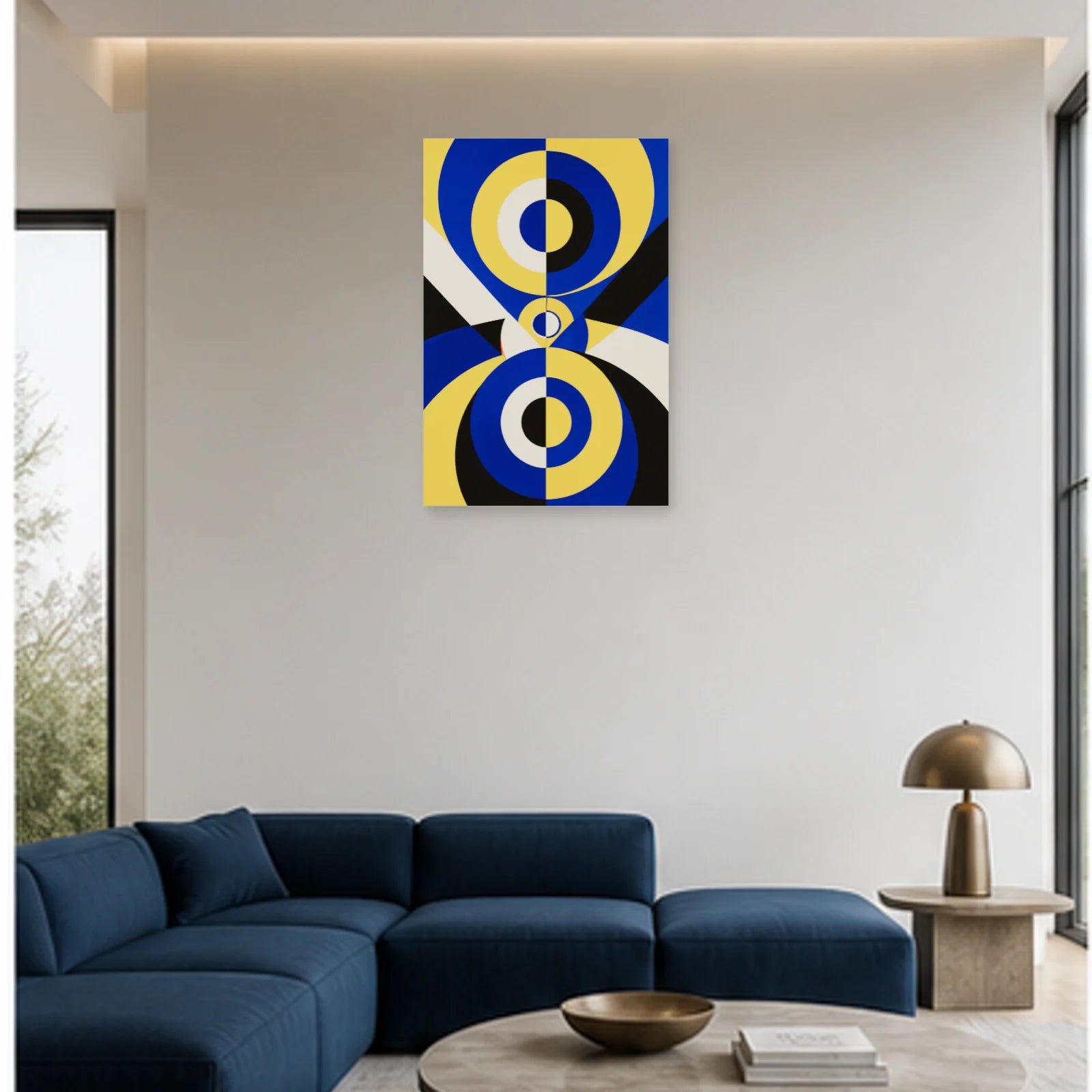 Affiche abstraite - Prisme bleu jaune dans un salon - Art Virtuoso
