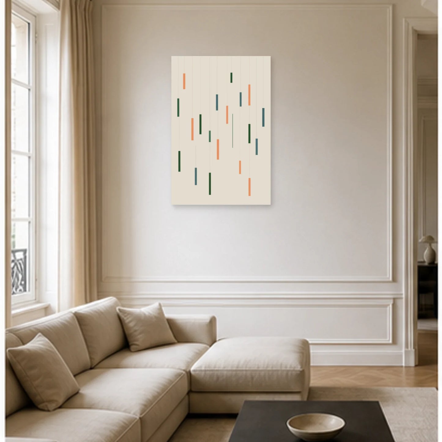 Affiche abstraite - Rectangles flottants dans un salon - Art Virtuoso