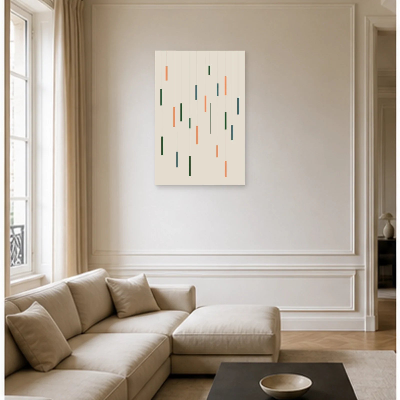 Affiche abstraite - Rectangles flottants dans un salon - Art Virtuoso